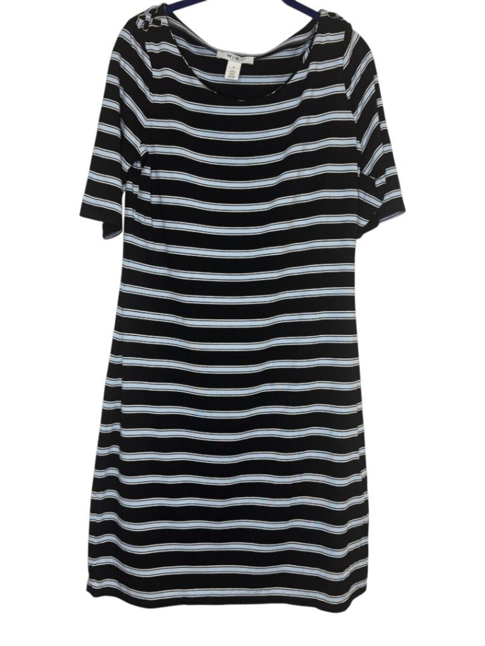 White House Black Market Navy & Light Blue Shift Dress With Shoulder Detail-Med